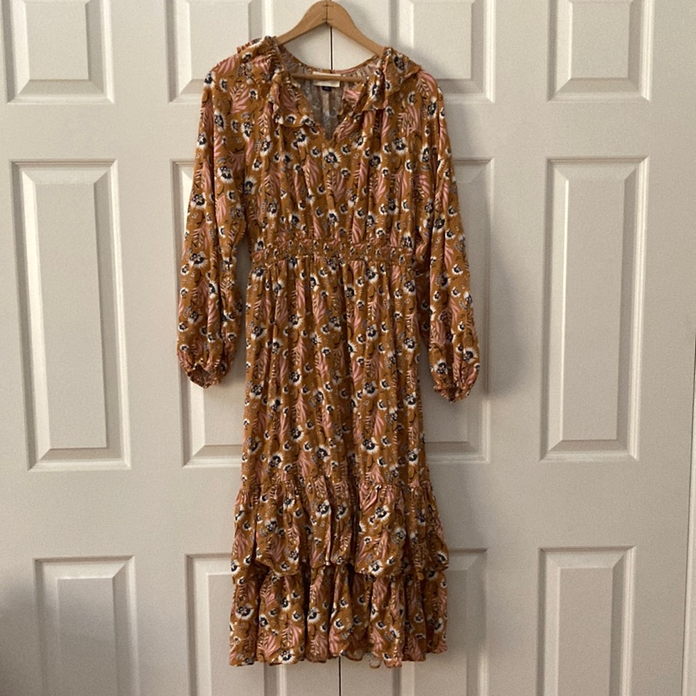 Universal Thread Dress- Yellow Floral Print Balloon Long Sleeve Ruffle Collar